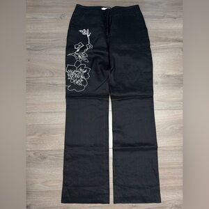 Cortefiel Black Linen Pants%100 LINEN with White Floral Embroidery-BRAND NEW